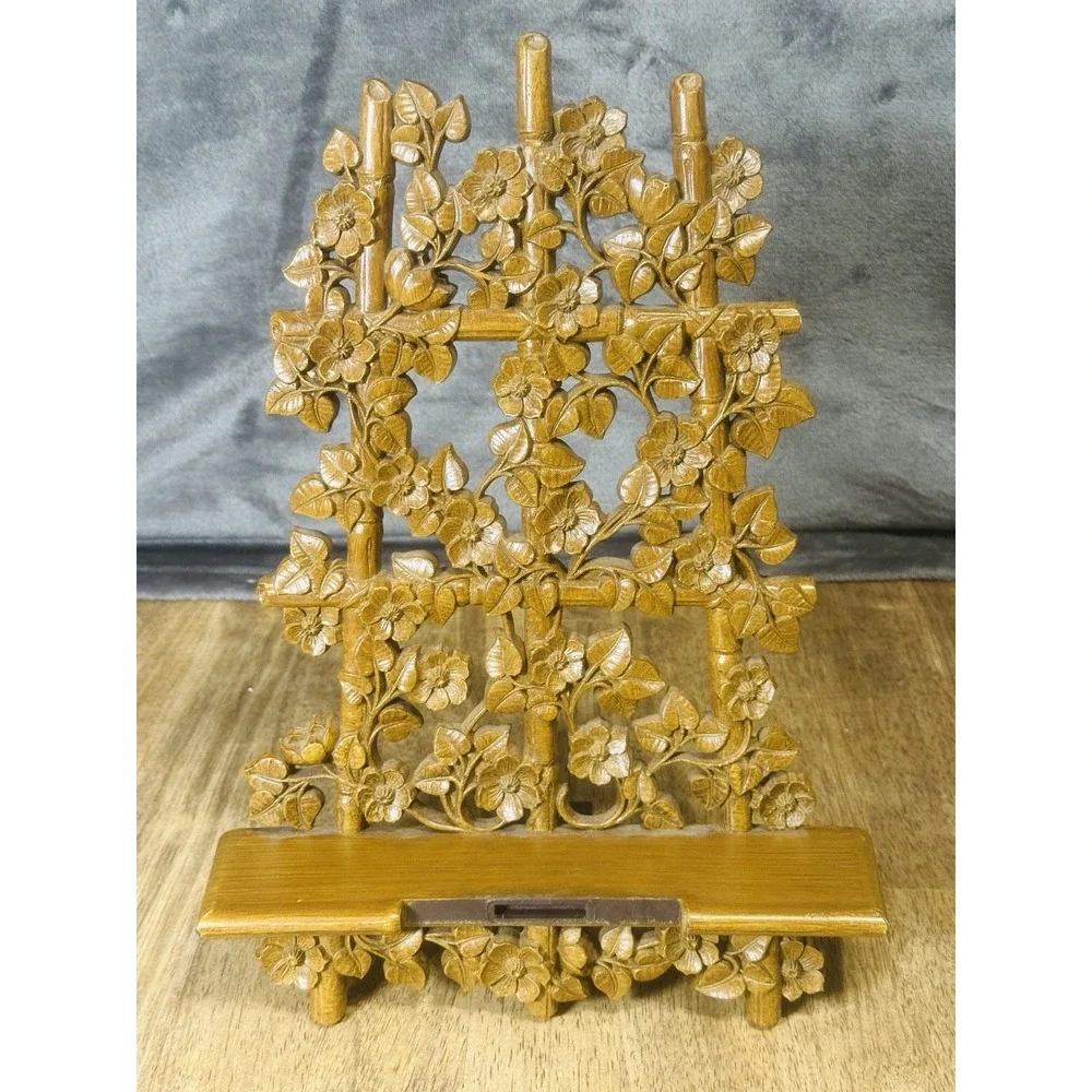 VTG 1980s 1984 HOMCO Faux Bamboo Wood Carved Floral‎ Trellis Stand 12.5x10